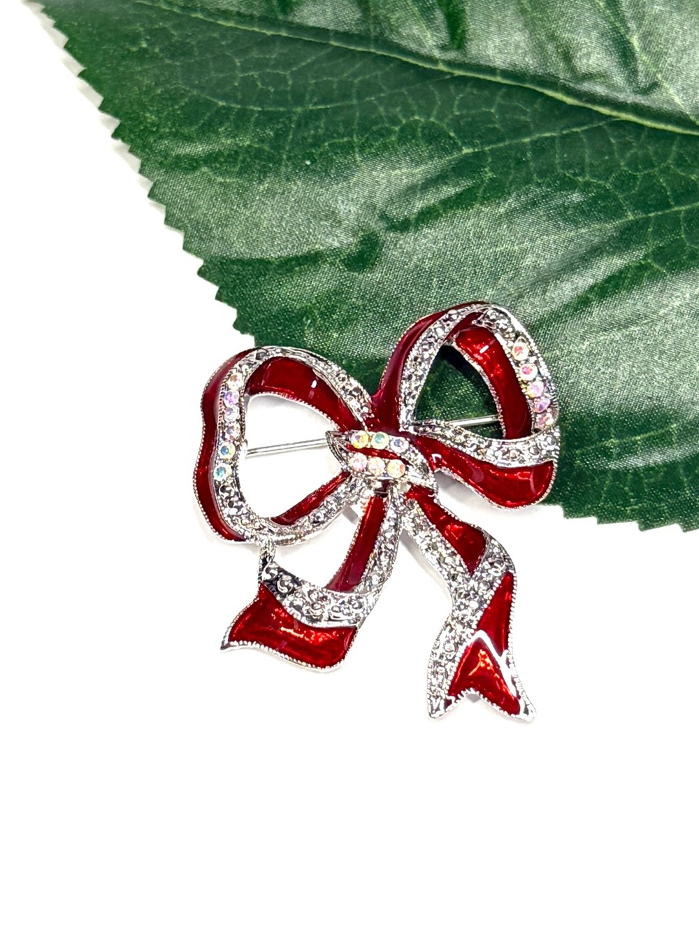 Holiday Red Ribbon Bow Brooch with Crystal Accents NWT